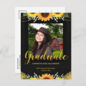 ひまわり素朴色の黒と金ゴールドの写真卒業 案内ポストカード (正面/裏面)