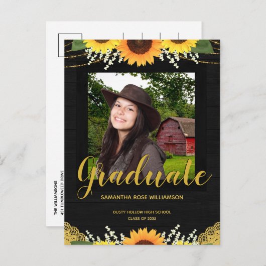 ひまわり素朴色の黒と金ゴールドの写真卒業 案内ポストカード (正面/裏面)