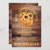 ひまわり素朴花かぼちゃ木材感謝祭ディナー 招待状 (正面/裏面)