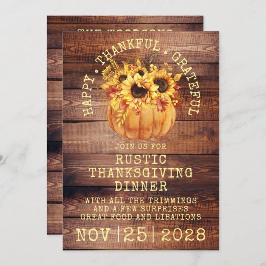 ひまわり素朴花かぼちゃ木材感謝祭ディナー 招待状 (正面/裏面)