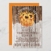 ひまわり素朴花かぼちゃ木材感謝祭ディナー 招待状 (正面/裏面)