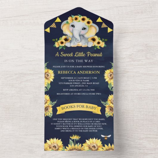 ひまわり素朴花ネイビーブルーエレファントベビージャーシャワー オールインワン招待状 (内側)