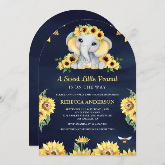 ひまわり素朴花ネイビーブルーエレファントベビージャーシャワー 招待状 (正面/裏面)