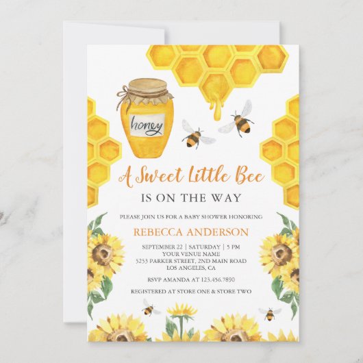 ひまわり素朴花甘いハニービーベイビーシャワー 招待状 (正面)