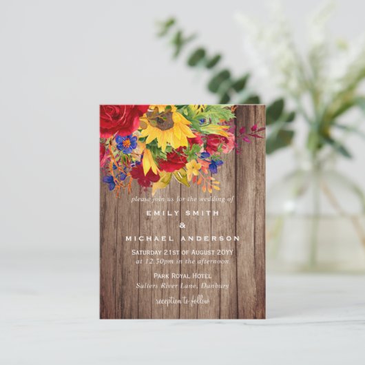ひまわり素朴花赤いバラの木の結婚式の招待 シーズンカード (スタンド正面)