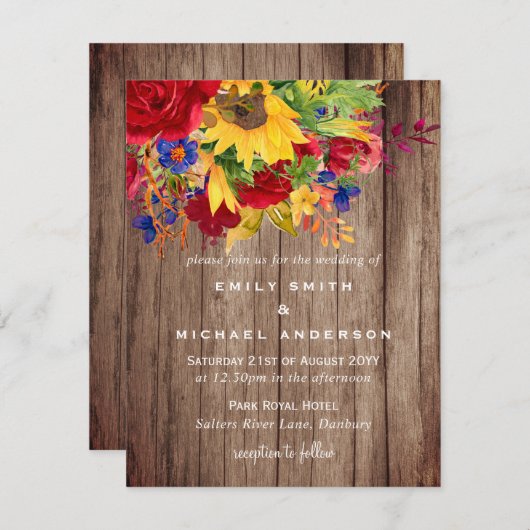 ひまわり素朴花赤いバラの木の結婚式の招待 シーズンカード (正面/裏面)