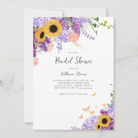 ひまわり素朴薄紫カントリーシックブライダルシャワー 招待状 (正面)