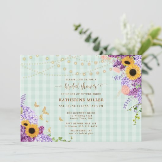 ひまわり素朴薄紫グリーンジンガムブライダルシャワー 招待状 (スタンド正面)