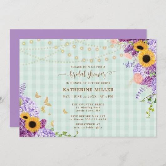 ひまわり素朴薄紫グリーンジンガムブライダルシャワー 招待状 (正面/裏面)