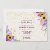 ひまわり素朴薄紫ベージュリネンブライダルシャワー 招待状 (正面)