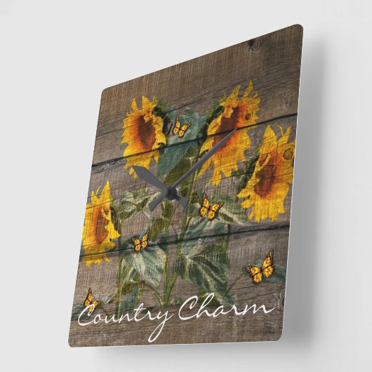 ひまわり素朴蝶バーンドボード スクエア壁時計 (傾斜)