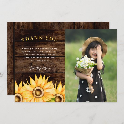 ひまわり素朴誕生日パーティーの写真 サンキューカード (正面/裏面)