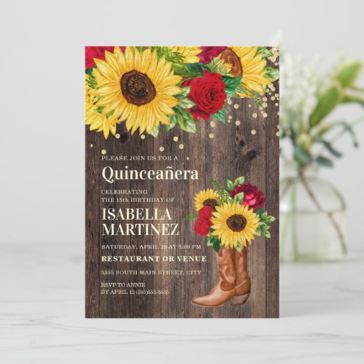 ひまわり素朴赤いバラのブーツキンセアニラ 招待状 (スタンド正面)