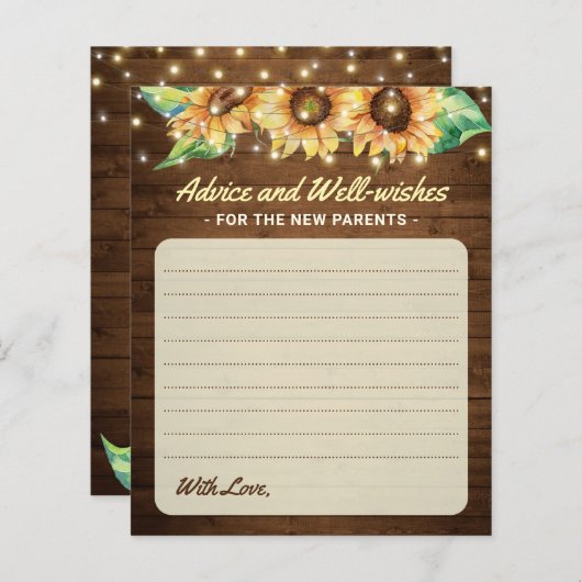 ひまわり素朴赤ちゃんシャワー親アドバイスカード (正面/裏面)