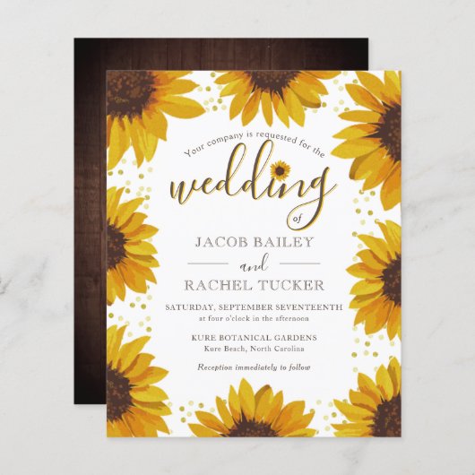 ひまわり素朴金ゴールドドットウッド結婚式招待状 (正面/裏面)