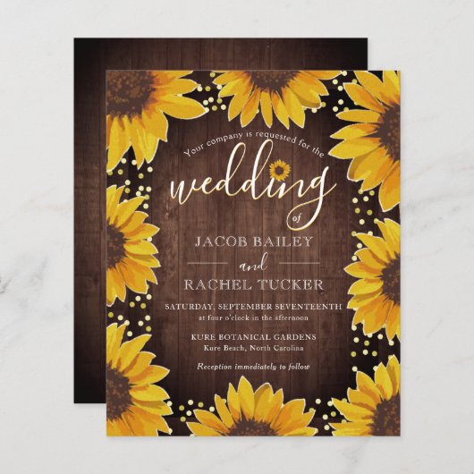 ひまわり素朴金ゴールドドット結婚式招待状 (正面/裏面)