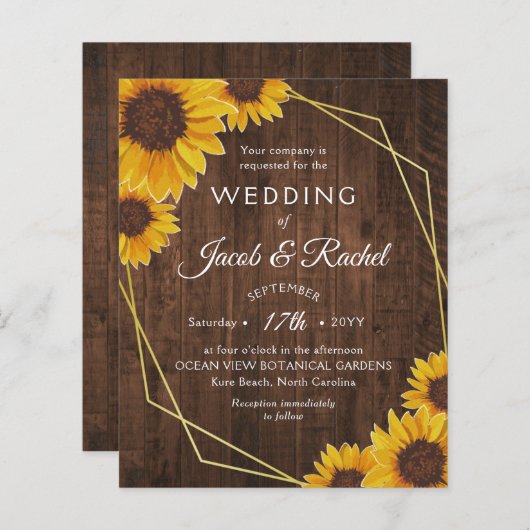 ひまわり素朴金ゴールド幾何学結婚式招待状 (正面/裏面)