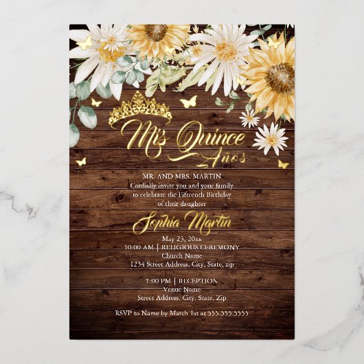 ひまわり素朴金ゴールド蝶キンセアニェラ 箔招待状 (正面)