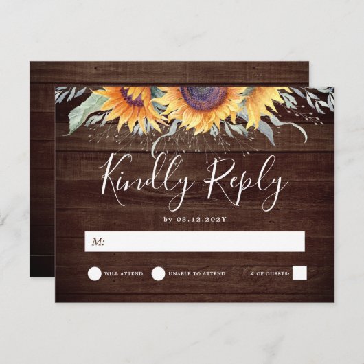 ひまわり素朴開花カントリーサイドウェディングRSVP 出欠カード (正面/裏面)