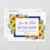 ひまわり素朴青いバラ結婚式の日付を保存 案内ポストカード (正面/裏面)