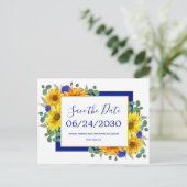 ひまわり素朴青いバラ結婚式の日付を保存 案内ポストカード (スタンド正面)