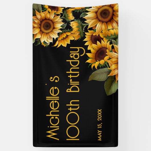 ひまわり素朴黒エレガント100誕生日 横断幕 (縦)