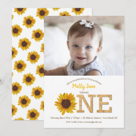 ひまわり素朴1stバースデーガール写真 招待状