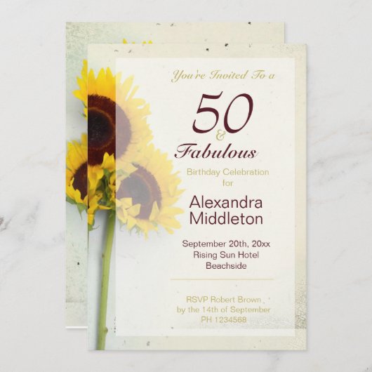 ひまわり素朴50番目の誕生日招待状 招待状 (正面/裏面)