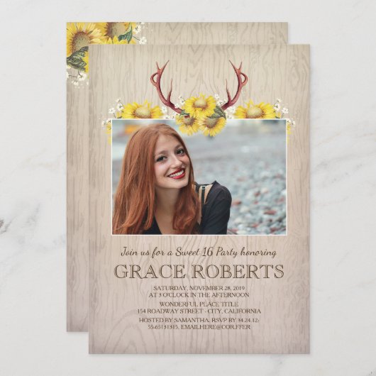 ひまわり素朴〔雄ジカの〕枝角 | Sweet sixteen誕生日 招待状 (正面/裏面)