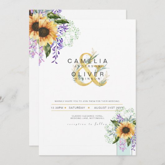 ひまわり紫の藤モダンの結婚式INVITE 招待状 (正面/裏面)