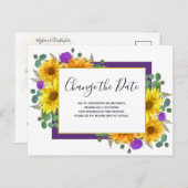 ひまわり紫バラ結婚の日付の変更 案内ポストカード (正面/裏面)