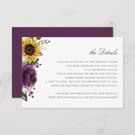 ひまわり紫フローラ結婚詳細カード 招待状 (正面/裏面)