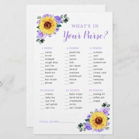 ひまわり紫フローラ財布赤ちゃんシャワーゲーム (正面/裏面)