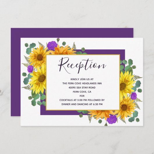 ひまわり紫素朴バラウェディングレセプション エンクロージャーカード (正面/裏面)