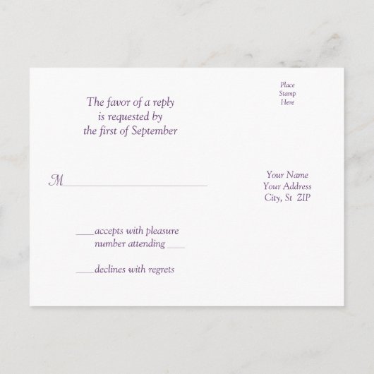 ひまわり紫色のダマスクウェディングRSVPポストカード インビテーションポストカード (裏面)