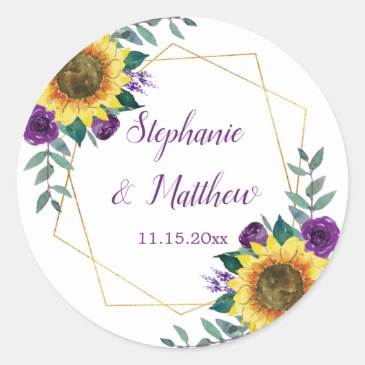 ひまわり紫色のフローラ幾何結婚の ラウンドシール (正面)