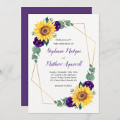 ひまわり紫色の幾何学的結婚フローラ 招待状 (正面/裏面)