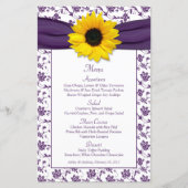 ひまわり紫色の白いダマスコウェディングメニューカード (正面)