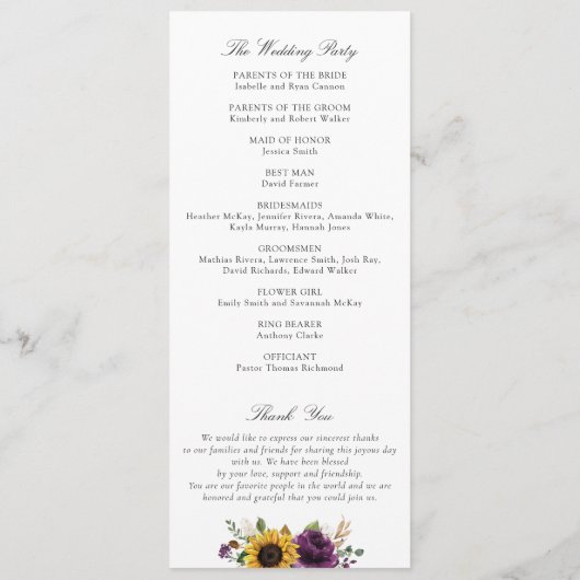 ひまわり紫色の緑素朴のフローラ結婚の プログラム (裏面)