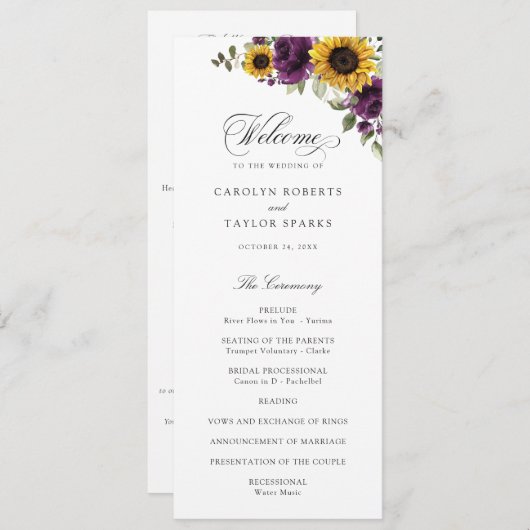 ひまわり紫色の緑素朴のフローラ結婚の プログラム (正面/裏面)
