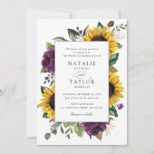 ひまわり紫色の緑素朴のフローラ結婚の 招待状 (正面)