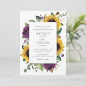 ひまわり紫色の緑素朴のフローラ結婚の 招待状 (スタンド正面)