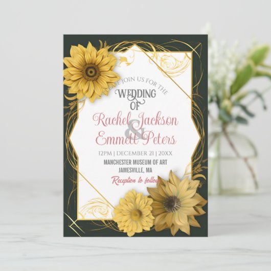 ひまわり結婚のソフトカラーカスタマイズ金ゴールド枠 招待状 (スタンド正面)