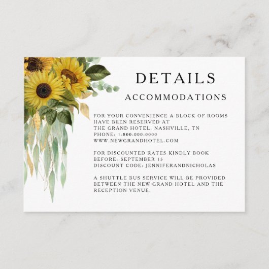 ひまわり結婚の宿泊詳細 エンクロージャーカード (正面)