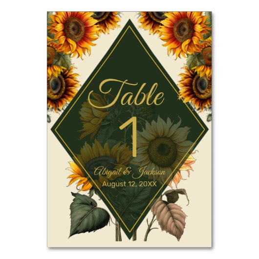 ひまわり結婚の森の緑と金ゴールドのテーブルカード テーブルナンバー (裏面)