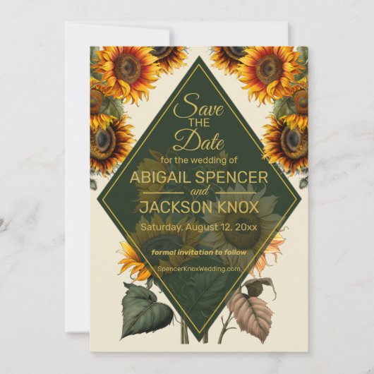 ひまわり結婚の森の緑の日付カードを保存 招待状 (正面)