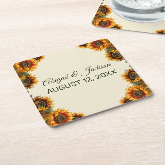 ひまわり結婚の森の緑素朴 スクエアペーパーコースター (アングル)