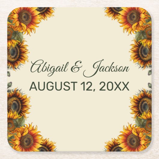 ひまわり結婚の森の緑素朴 スクエアペーパーコースター (正面)