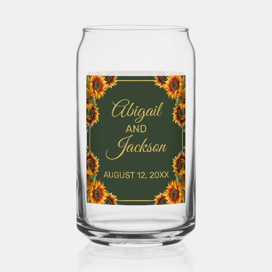 ひまわり結婚の森グリーン&金ゴールド ガラス缶 (正面)