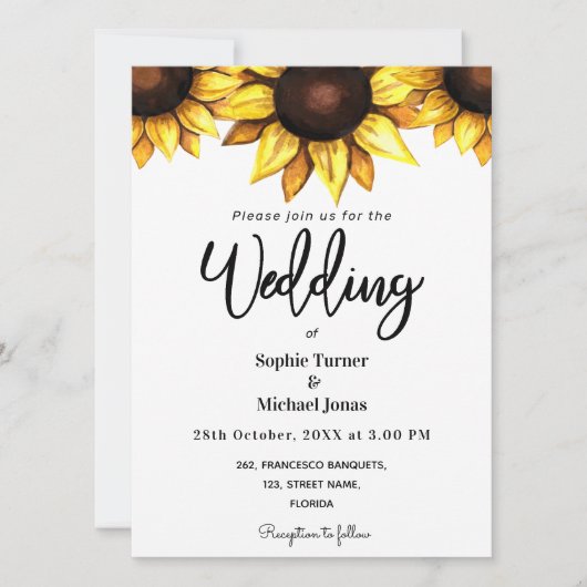 ひまわり結婚の白い黄色のフローラ招待状 案内状 (正面)